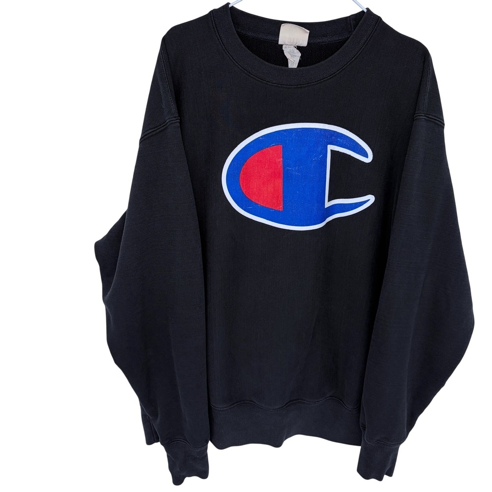 Champion Reverse‎ Weave Big Logo Crewneck Sweatshirt XL Mens Black Double Sided